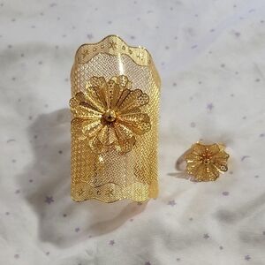 18K Gold Plated Floral Cuff Bracelet And Ring Set Dubai Jewelry Set Adjustable